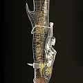 Traditional Decorative Spear With Golden Accents Intricate Patterns On Spearhead And Shaft Against Black Background