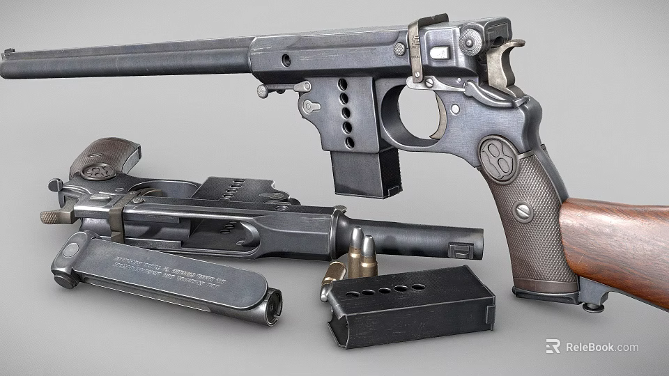 Black Revolver Firearm Displayed With Magazine Bullets And Another Gun Parts 3d model 