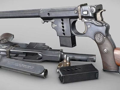 Black Revolver Firearm Displayed With Magazine Bullets And Another Gun Parts 3d model