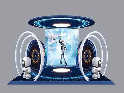 Intelligent Machines Futuristic Exhibition With Humanoid Robot Two Small Robots And Ring Lights 3d model