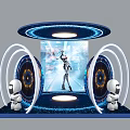 Intelligent Machines Futuristic Exhibition With Humanoid Robot Two Small Robots And Ring Lights
