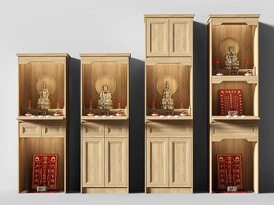 Natural Wood Buddhist Shrine Cabinet With Traditional Design And Decorative Buddha Statues 3d model