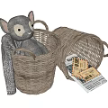 Woven Storage Baskets with Stuffed Toy Soft Blanket and Vintage Postcards