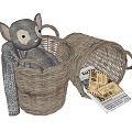 Modern Storage Basket Doll Muppet Doll Animal Doll Bamboo Basket Bamboo Basket Newspaper Blanket 3d model