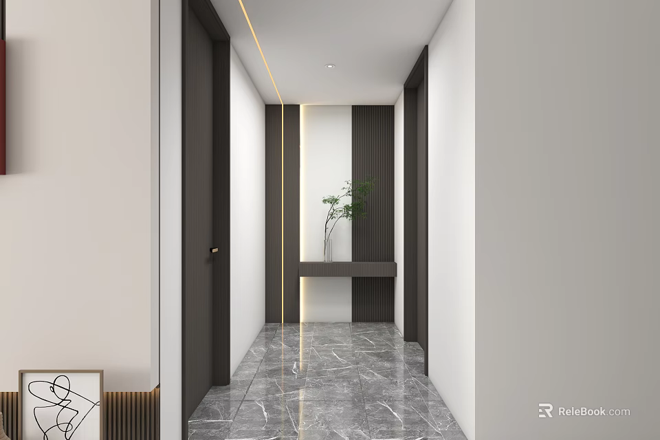 Minimalist Foyer Hallway Design With Marble Flooring Plant And Contrasting Walls 3d model 
