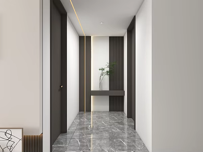 Minimalist Foyer Hallway Design With Marble Flooring Plant And Contrasting Walls 3d model