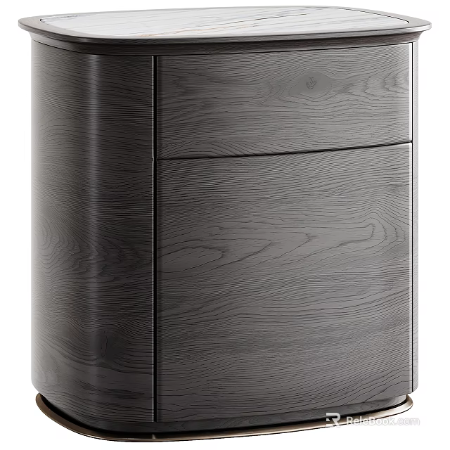 Sleek Dark Grey Wood Grain Nightstand With Curved Edge And Two Spacious Storage Drawers 3d model 