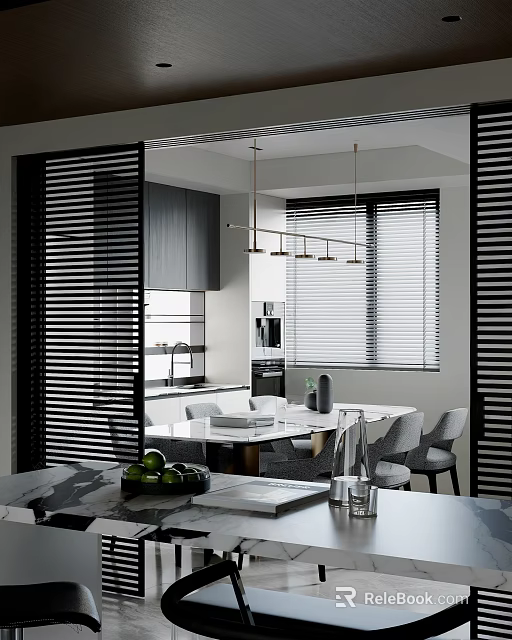 Modern Kitchen Interior With Black Cabinets Marble Countertop Dining Table And Chairs 3d model 