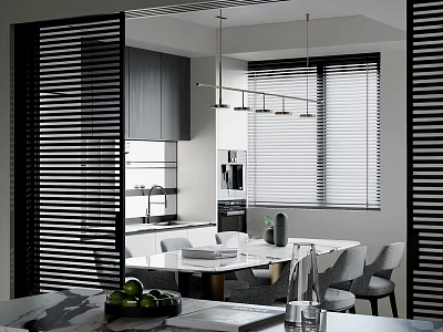 Modern Kitchen Interior With Black Cabinets Marble Countertop Dining Table And Chairs 3d model