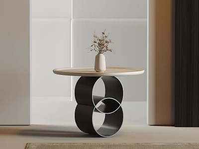Modern Living Room Side Table With Circular Metal Base Wooden Top White Vase Dried Flowers 3d model