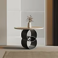 Modern Living Room Side Table With Circular Metal Base Wooden Top White Vase Dried Flowers