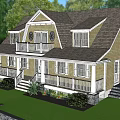 Single Family Home With Yellow Exterior White Railings Brown Roof And Lush Green Lawn
