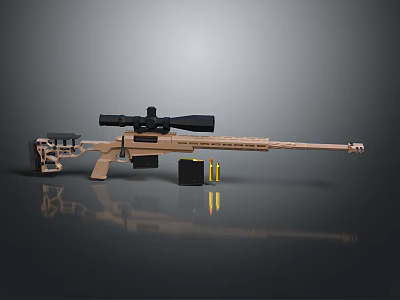 Tan Sniper Rifle With Scope Magazine And Bullets On Reflective Grey Surface 3d model