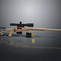 Tan Sniper Rifle With Scope Magazine And Bullets On Reflective Grey Surface