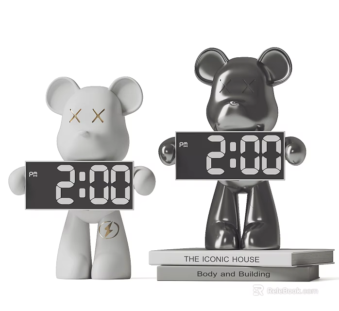 Two Modern White And Silver Bear Sculptures With Digital Time Display Panels 3d model 