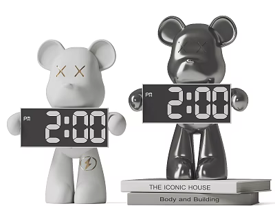 Two Modern White And Silver Bear Sculptures With Digital Time Display Panels 3d model