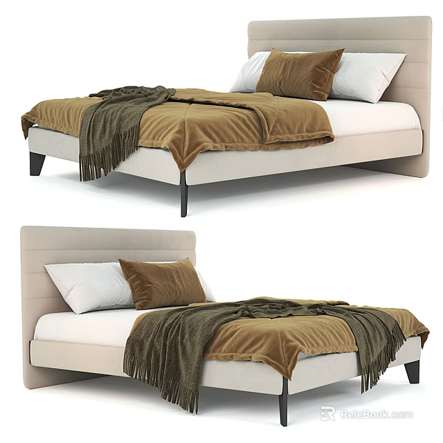 Modern Double Bed Design With Beige Headboard Brown Blanket And Pillows 3d model