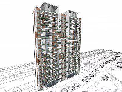 Modern High Rise Residential Buildings With Balconies Greenery Near Road And Circular Landscape 3d model