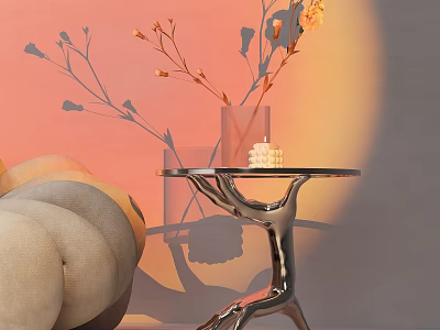 Modern Chrome Side Table With Clear Glass Vase Yellow Flower Branches And Soft Light Shadow Gray Wall 3d model