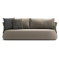Beige Sectional Sofa With Woven Armrests And Decorative Pillows For Living Room