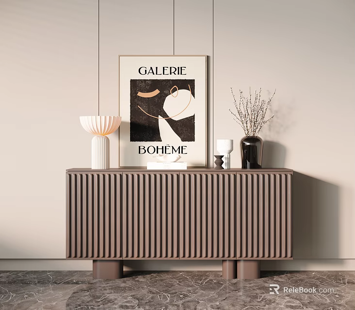 Brown Vertical Slat Console Table With White Lamp Artwork And Black Vase On Marble Floor 3d model 