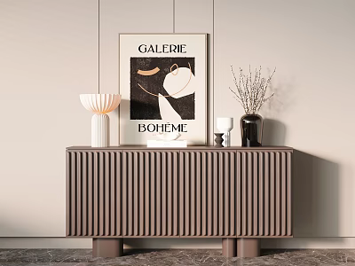 Brown Vertical Slat Console Table With White Lamp Artwork And Black Vase On Marble Floor 3d model