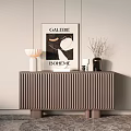 Brown Vertical Slat Console Table With White Lamp Artwork And Black Vase On Marble Floor