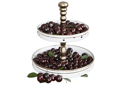 Fresh Ripe Cherries on Two Tier White Tray with Golden Stand and Green Leaves 3d model