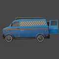 Blue Cargo Van Exterior With Roof Rack And Yellow Black Stripes
