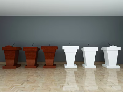 Six Brown And White Functional Podiums In Room With Wooden Floor And Gray Wall 3d model