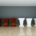 Six Brown And White Functional Podiums In Room With Wooden Floor And Gray Wall