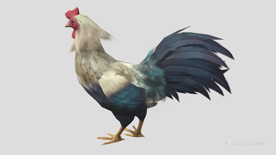 Colorful Rooster With Red Comb White And Gray Body Blue Tail Feathers And Yellow Legs 3d model 