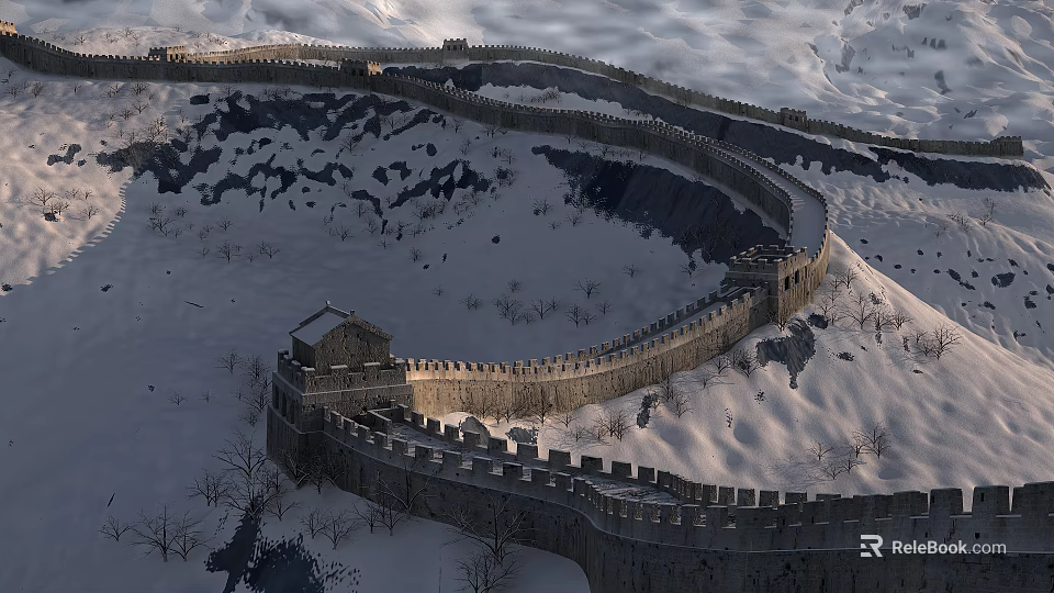 Majestic Great Wall Scenery In Snowy Winter Landscape With Mountain Backdrop 3d model 