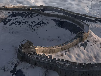 Majestic Great Wall Scenery In Snowy Winter Landscape With Mountain Backdrop 3d model