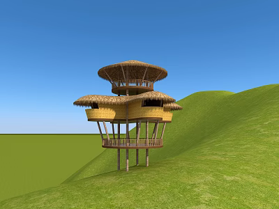 Road Infrastructure With Multi Storey Bamboo Building And Thatched Roof On Green Hillside Grassland 3d model
