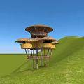 Road Infrastructure With Multi Storey Bamboo Building And Thatched Roof On Green Hillside Grassland