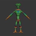 Anthropomorphic Fantasy Creature Character With Green Body Orange Hands And Red Decorations Standing Pose