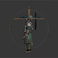 Mythical Warrior Figure with Ornate Green Gold Armor and Intricate Umbrella Canopy
