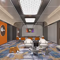 Modern Lounge Interior With Gray Sofa Orange Chairs Wooden Table And Patterned Carpet Lighting