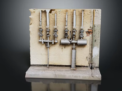 Rustic Vintage Industrial Metal Pipes Valves On Old Weathered Wooden Board 3d model