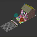 Two Story Brick Residential House With Black Roof Yellow Trees Garden And Stone Paved Driveway