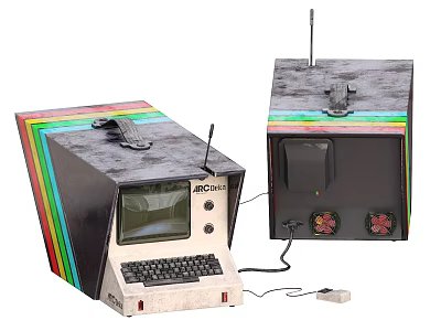 Vintage Computer With Colorful Stripes Antenna Screen Keyboard And Peripheral Device 3d model