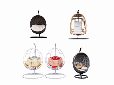 Modern Hanging Chairs in Various Styles with Wicker Metal Frames and Cushioned Seats 3d model