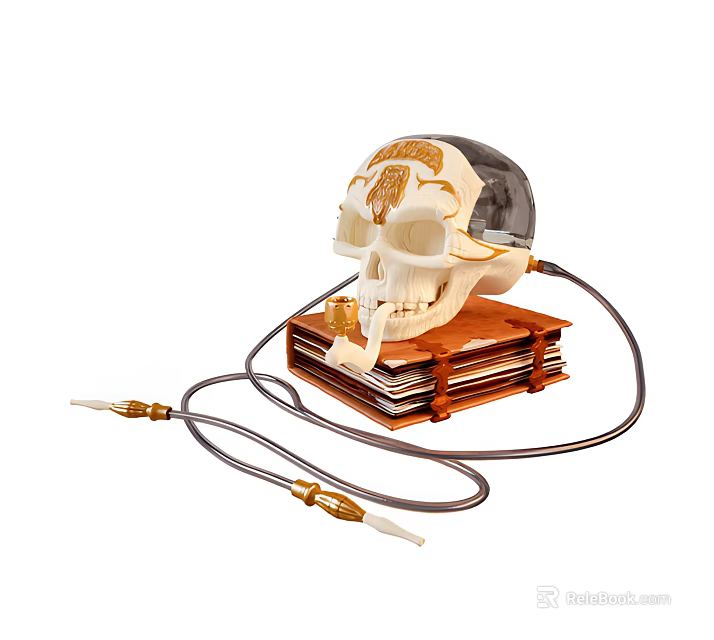 Creative Decorative Ornament Set With Skull Figure Stacked Books And Golden Accent Cables 3d model 