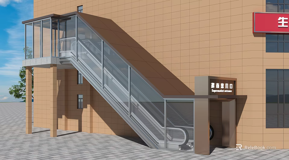 Outdoor Escalator with Glass Railings Connecting Building Entrance and Emergency Exit Sign 3d model 