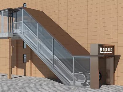 Outdoor Escalator with Glass Railings Connecting Building Entrance and Emergency Exit Sign 3d model
