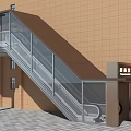 Outdoor Escalator with Glass Railings Connecting Building Entrance and Emergency Exit Sign
