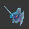 Blue Fish Shaped Creature With Unicorn Horn Blue Pink Wings And Shield With Red Fish