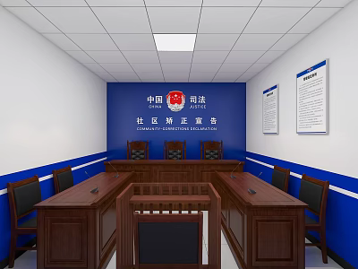 Courtroom Interior With Judge Bench Tables Chairs Blue White Walls And Judicial Emblem 3d model