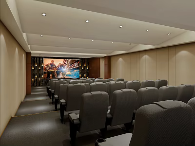 Modern Cinema Auditorium With Comfortable Gray Seats Large Projection Screen And Ceiling Lights 3d model